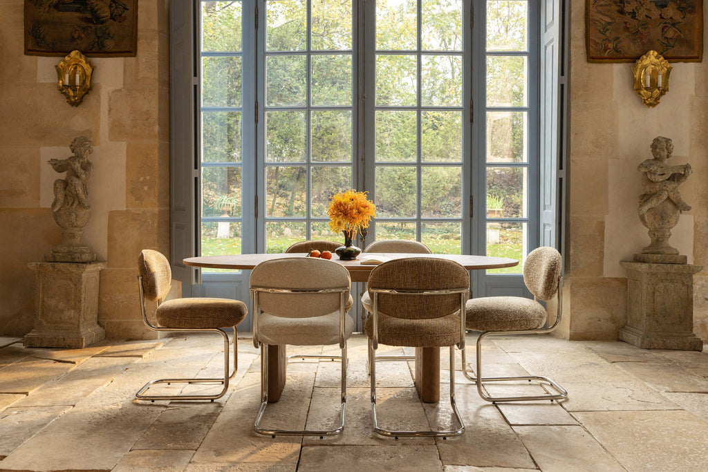 Chaise, Beige macchiato bouclé & métal chromé