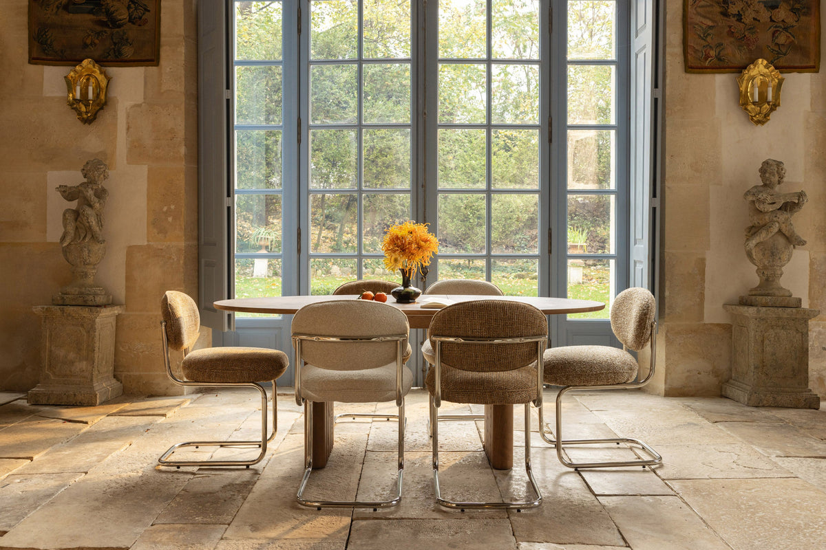 Chaise, Beige macchiato bouclé & métal chromé