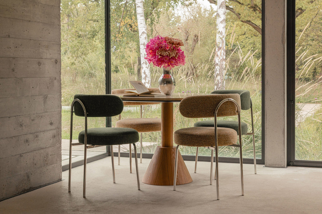 Chaise, Tweed marron chêne & métal chromé