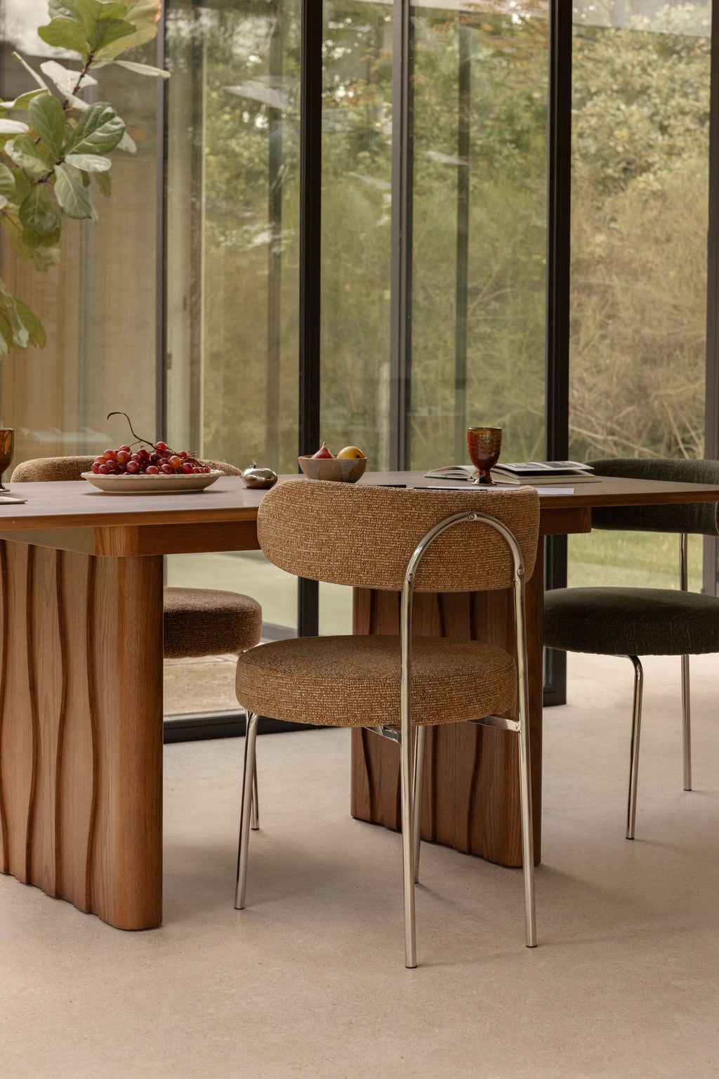 Chaise, Tweed marron chêne & métal chromé