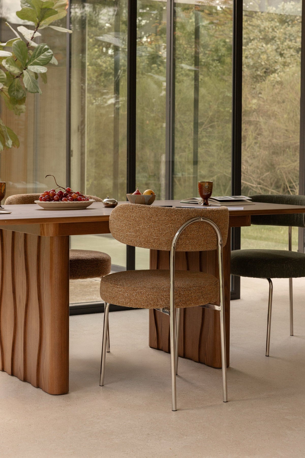 Chaise, Tweed marron chêne & métal chromé